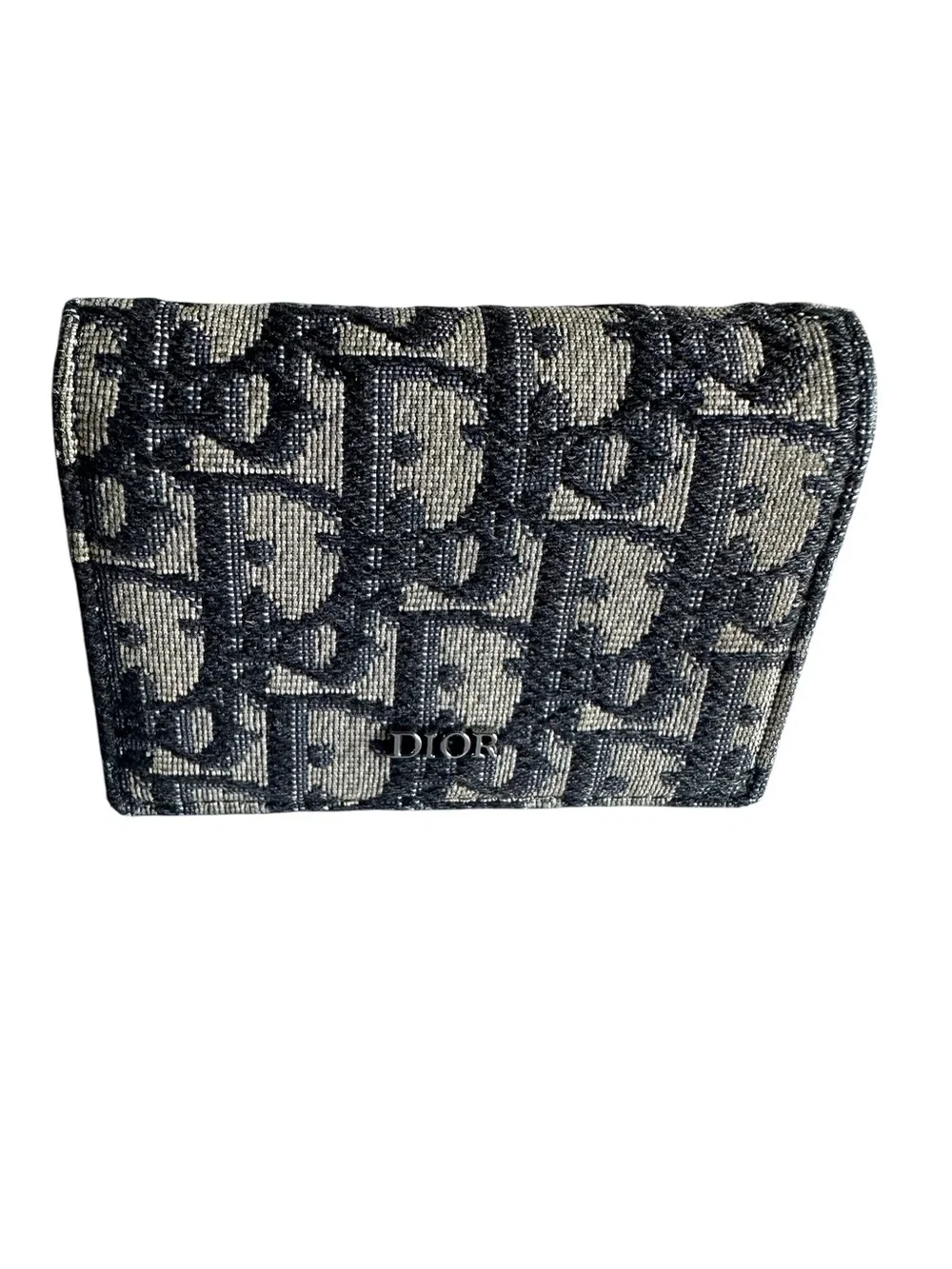 Christian Dior Oblique Jacquard Business Card Holder Compact Wallet Navy Beige